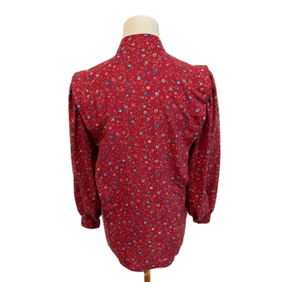 70s PRAIRIE RED FLORAL COTTAGECORE BLOUSE BISHOP SLEEVES & BOX PLEATS HANDMADE - Picture 3 of 11